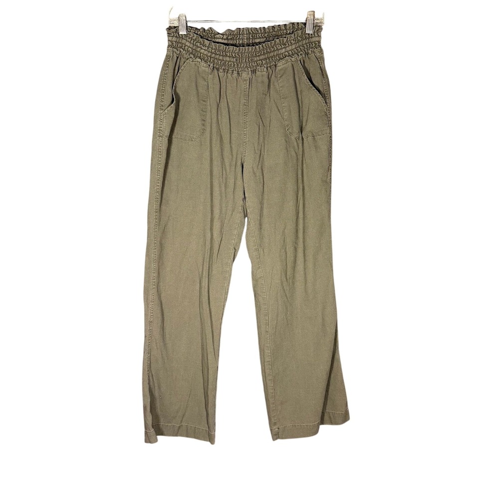 Olive Green Linen Blend Paperbag Waist Wide‎ Leg Pants Womens Large LP13
